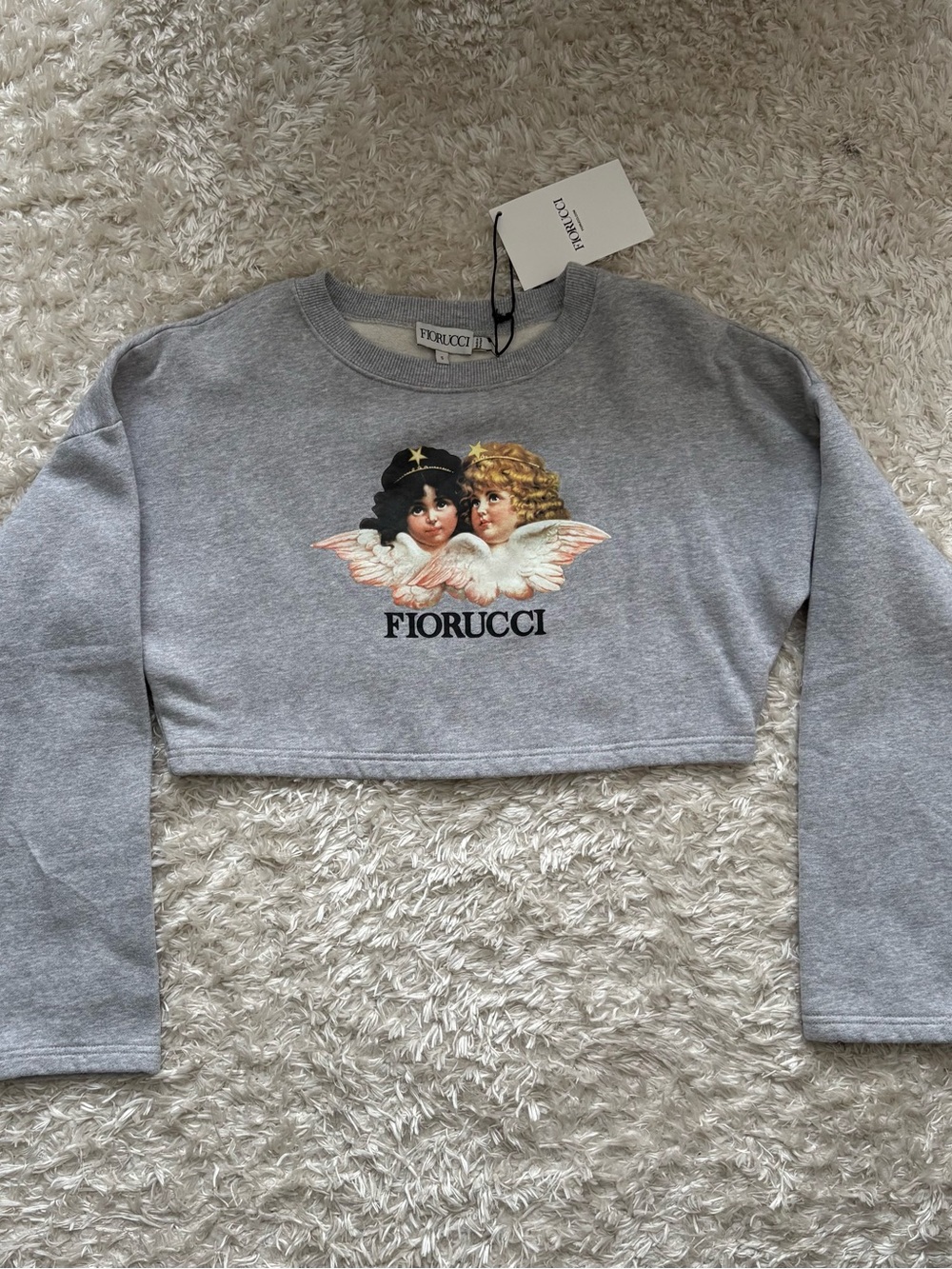 Fiorucci Heather Grey Cropped Sweatshirt Twin Angels Graphic Long Sleeve Shirt